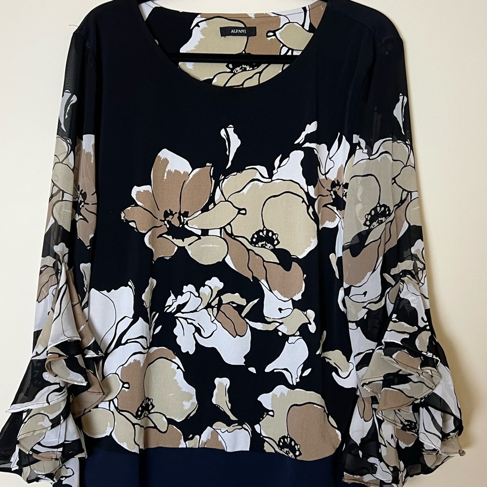 Alfani Black and Tan Floral Blouse L/XL